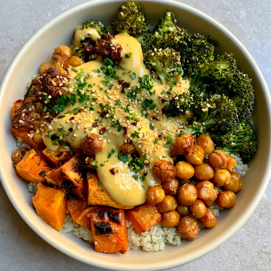 High-angle shot of a Roasted Vegetable & Chickpea Bowl showing charred broccoli florets and golden sweet potato cubes.