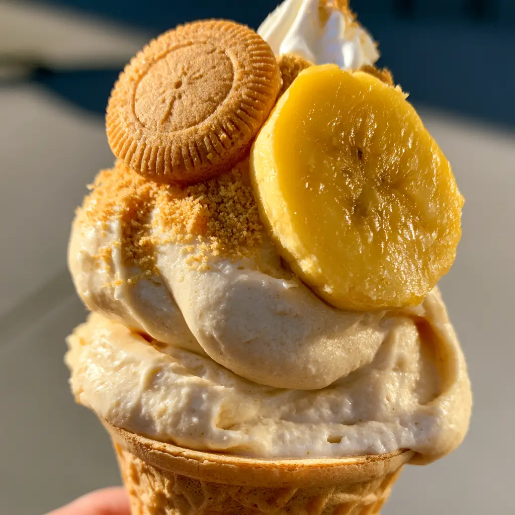 Side view of a banana pudding cheesecake cone showing the fresh banana slice, whole vanilla wafer, and a light dusting of cinnamon.