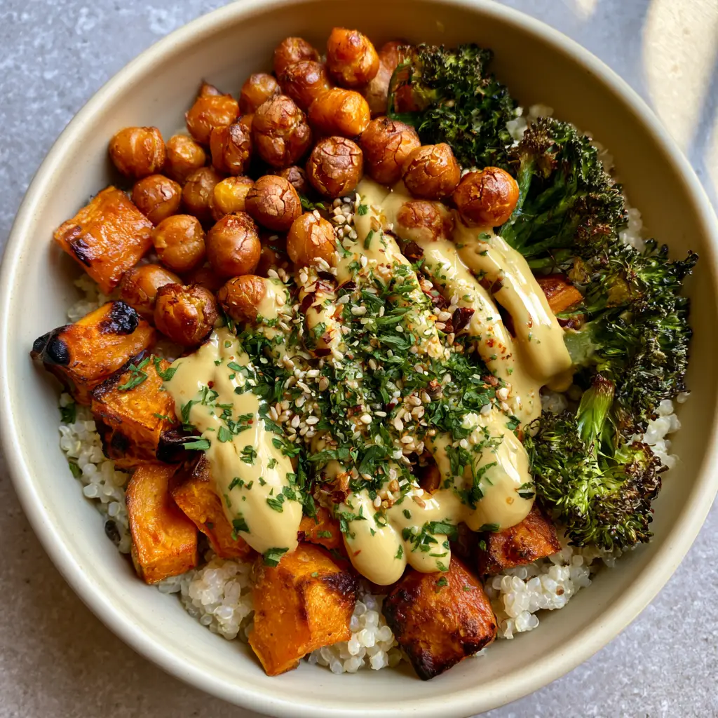 Roasted Vegetable & Chickpea Bowl with Creamy Lemon Tahini 1 Close up of thick lemon tahini dressing drizzled over a Roasted Vegetable & Chickpea Bowl.