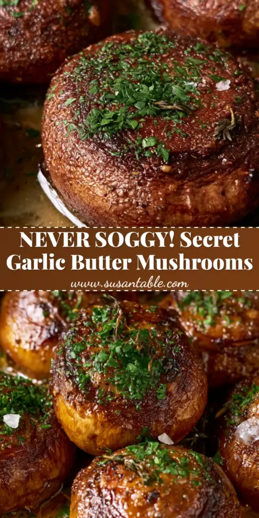 Whole seared cremini mushrooms in a cast iron skillet with garlic butter and parsley. (mushroom recipes)