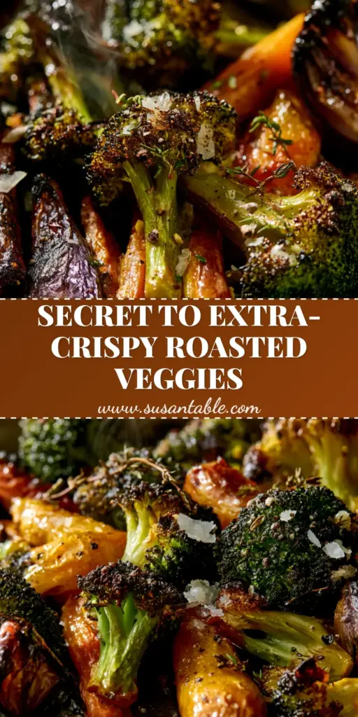 A tall Pinterest pin showing extra-crispy roasted vegetables with charred broccoli and rainbow carrots on a dark sheet pan. (roasted vegetables recipe)