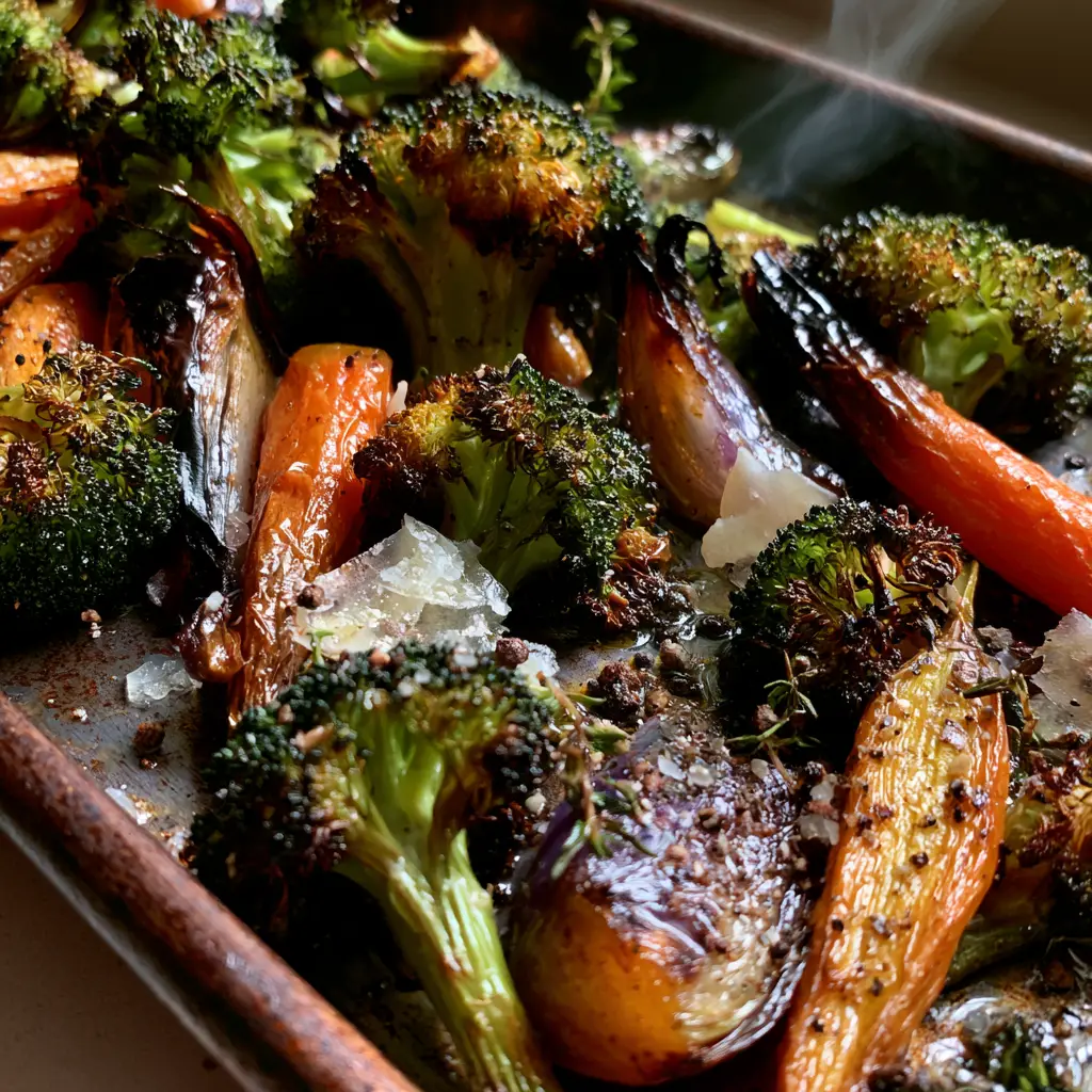 Close-up of charred broccoli florets and shriveled rainbow carrots with a glossy olive oil glaze. (roasted vegetables recipe)