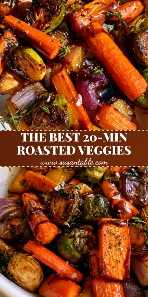 Balsamic Glazed Roasted Vegetables with Honey and Thyme 4 A close-up of balsamic glazed roasted vegetables featuring charred Brussels sprouts, caramelized carrots, and blistered yellow peppers on a white ceramic pan.