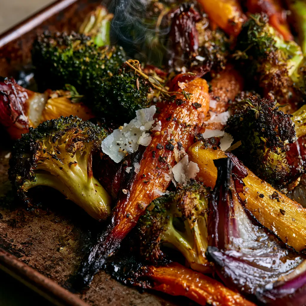 Extreme detail of blistered red onion wedges and toasted fresh thyme sprigs on a rustic metal pan.