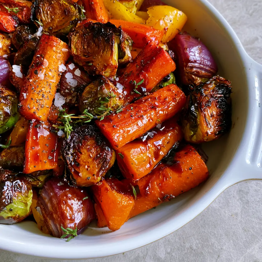 Top-down view of charred Brussels sprouts and honey-balsamic glazed roasted vegetables on a white ceramic sheet pan. (balsamic glazed roasted vegetables)