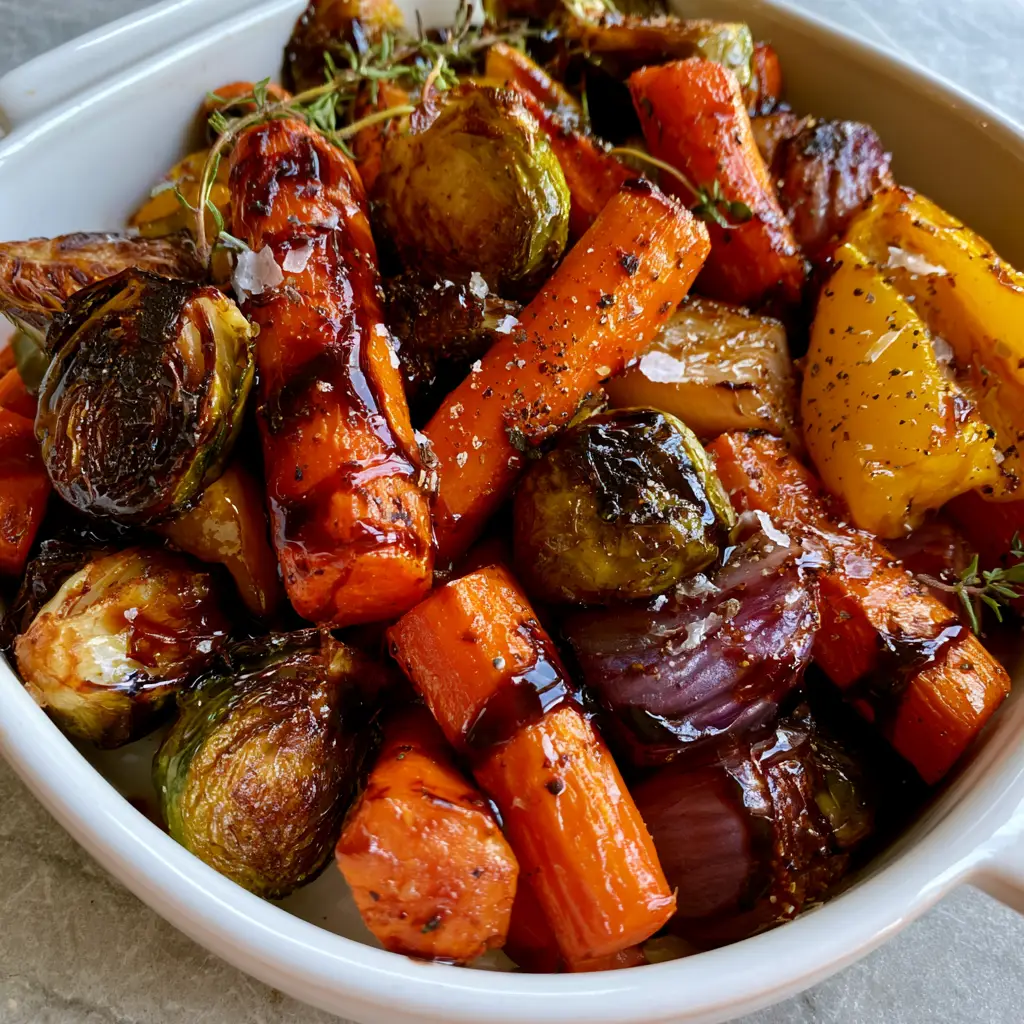 Balsamic Glazed Roasted Vegetables with Honey and Thyme 1 Visual texture of glossy honey balsamic glaze on roasted carrots and red onions. (balsamic glazed roasted vegetables)