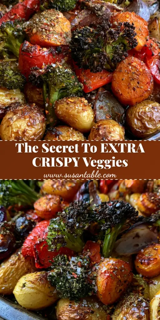 A rustic dark metal sheet pan overflowing with extra crispy One-Pan Roasted Vegetables including charred broccoli, crispy baby potatoes, and blistered peppers.