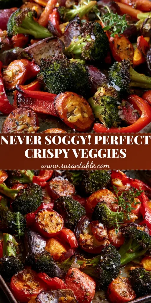 A rustic dark metal sheet pan overflowing with garlic herb roasted veggies including charred broccoli and rainbow carrots.