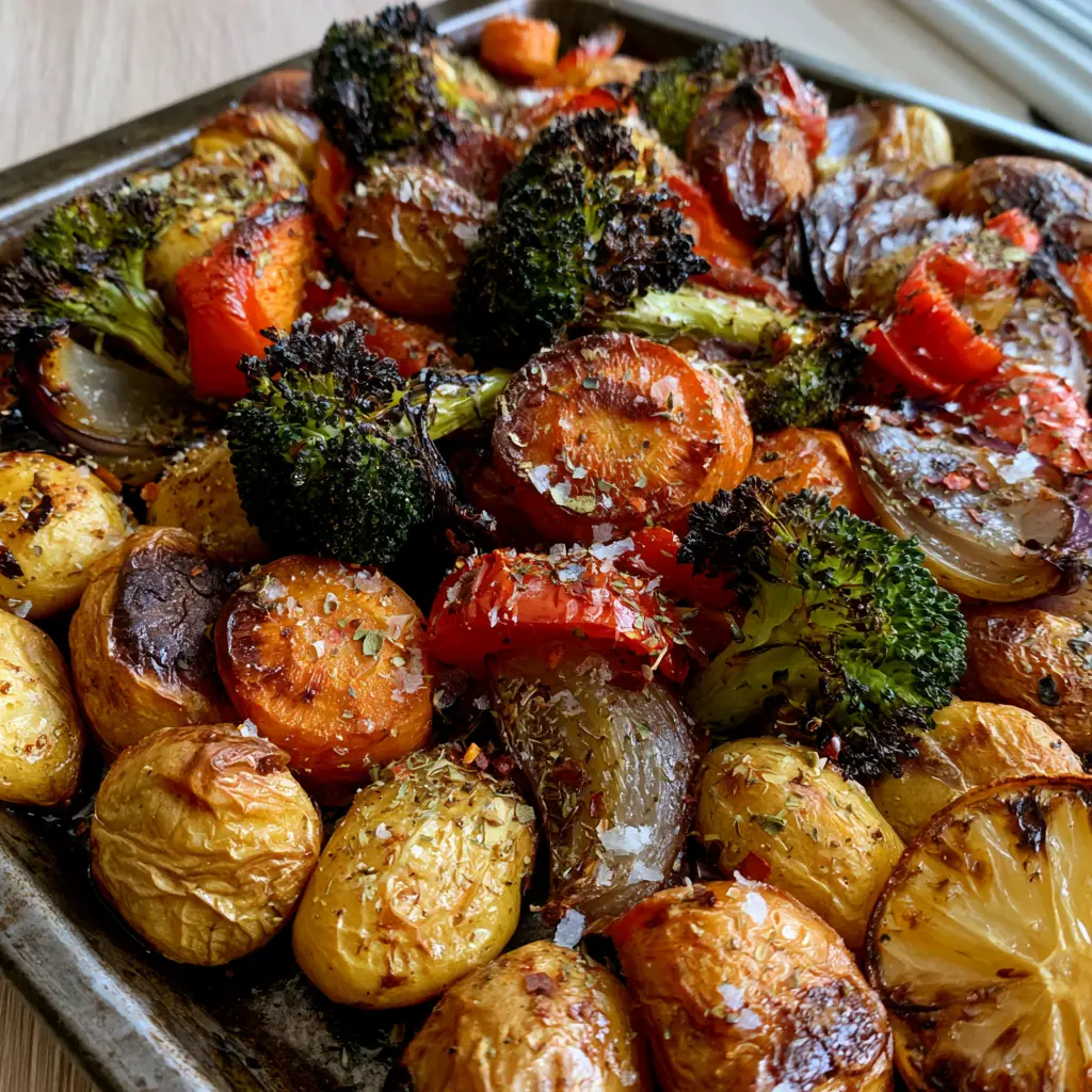 Close up photo of golden-brown roasted baby potatoes and charred broccoli tips in a metal pan. (One-Pan Roasted Vegetables)