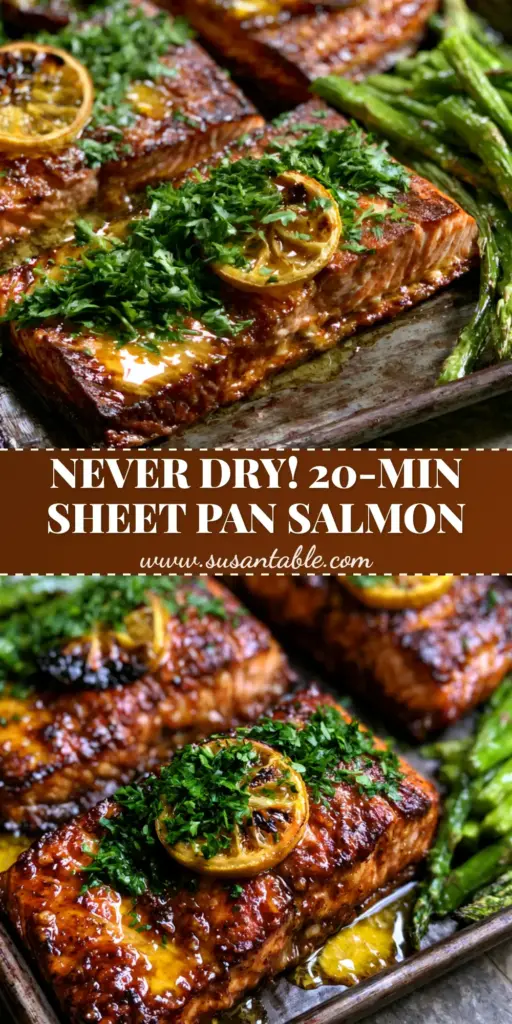 Lemon Garlic Baked Salmon with Honey Glaze and Roasted Asparagus 4 A close-up vertical shot of lemon garlic baked salmon on a sheet pan with charred lemons and green asparagus spears, featuring glistening honey glaze.