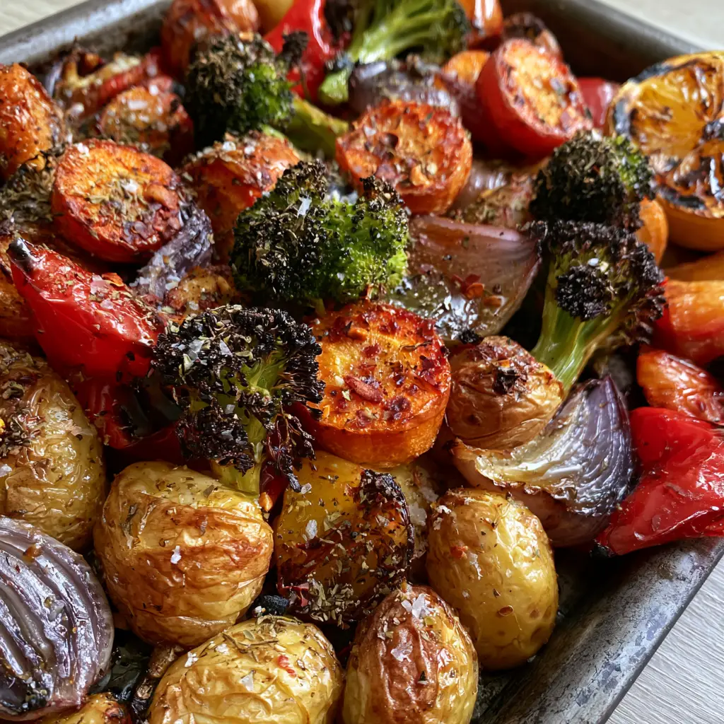 Visual texture of caramelized carrots and blistered red peppers on a dark metal baking sheet.