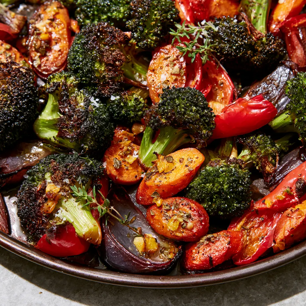 Macro shot of charred broccoli florets and blistered red peppers in garlic herb roasted veggies medley.