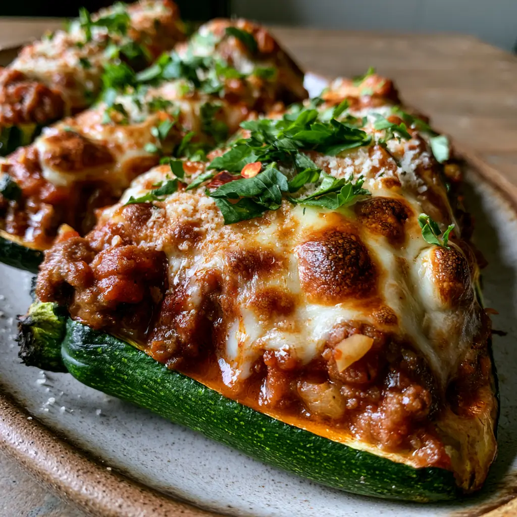 A smartphone photo of Italian stuffed zucchini with charred edges and melted cheese on a wooden table. (Italian stuffed zucchini)