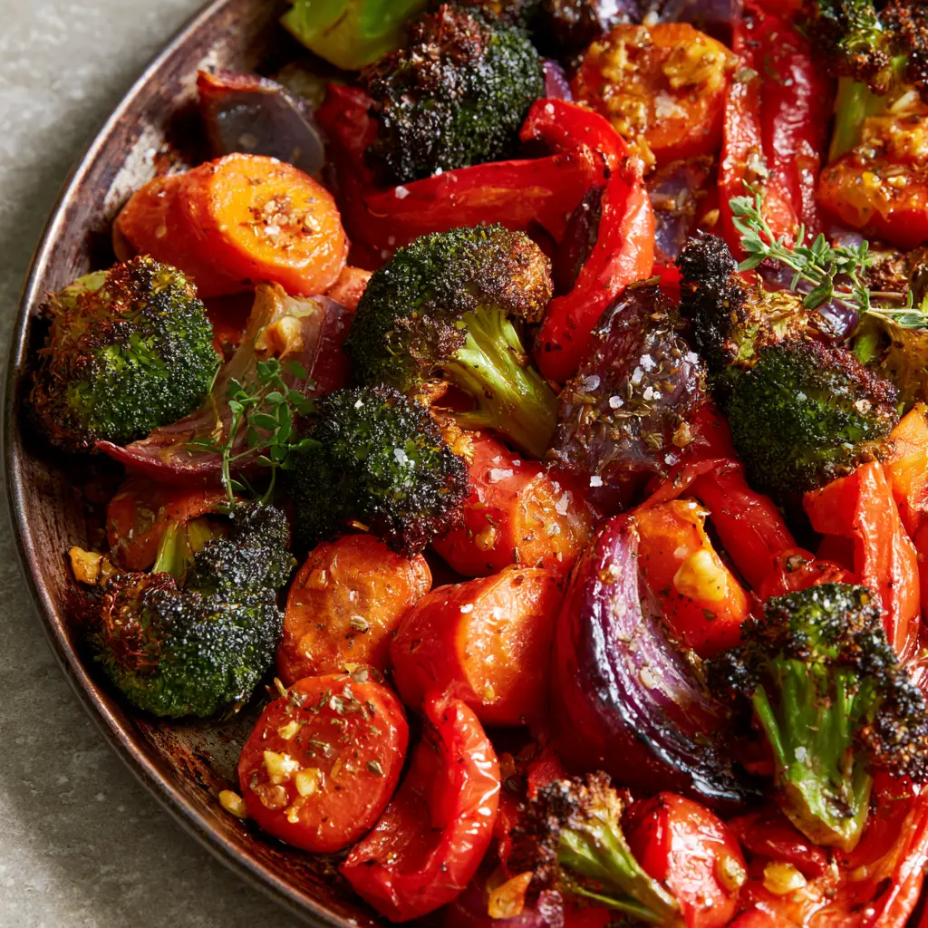 A vibrant sheet pan of garlic herb roasted veggies featuring caramelized rainbow carrot coins and red onion petals.