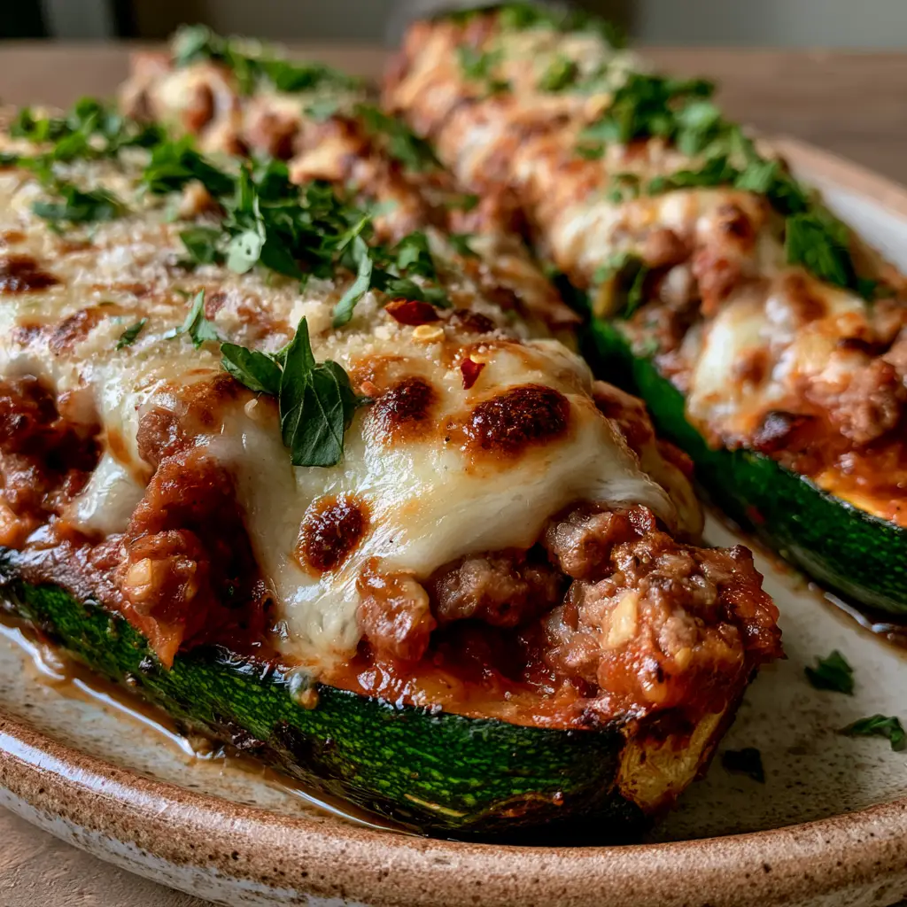 Close up of Italian stuffed zucchini boats showing the chunky beef filling and toasted parmesan crust.