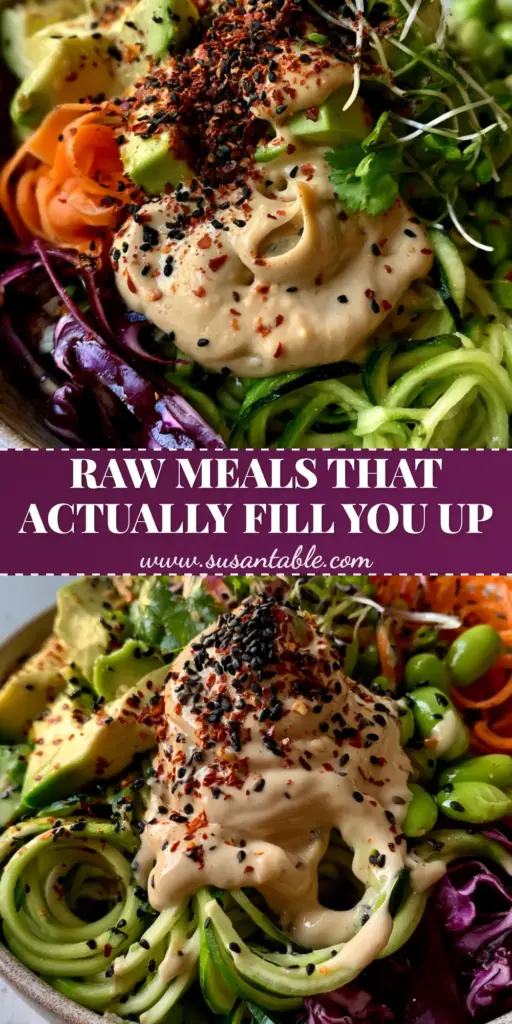 Raw Food Recipes: The Ultimate Ginger Cashew Rainbow Bowl 3 A colorful raw vegan bowl with spiralized zucchini, red cabbage, and thick ginger cashew sauce. (raw food recipes)