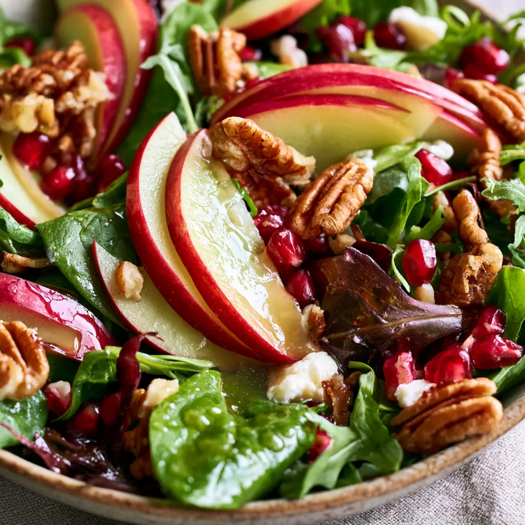 Macro close-up of paper-thin honeycrisp apple slices and pomegranate seeds. (Apple Salad recipe)