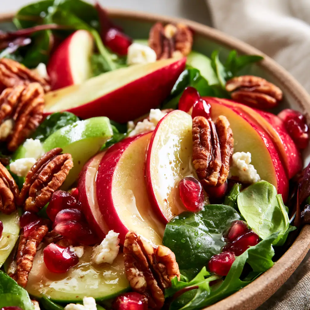 Apple Salad Recipe: The Ultimate Autumn Honeycrisp and Goat Cheese Salad 1 Overhead view of a rustic ceramic bowl filled with an Autumn Apple Salad featuring baby spinach and goat cheese.