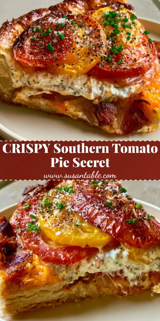 A thick slice of bacon onion tomato pie with vibrant shingled heirloom tomatoes and a flaky cheddar crust on a cream plate.