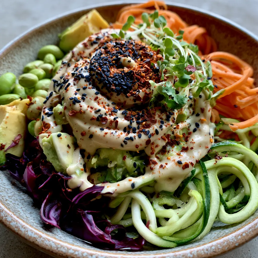 Raw Food Recipes: The Ultimate Ginger Cashew Rainbow Bowl 1 Eye-level view of a rainbow raw bowl with avocado and purple cabbage.