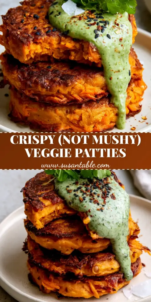 Sweet Potato & Red Lentil Patties with Green Herb Tahini 4 A stack of three thick Sweet Potato & Red Lentil Patties with golden-brown crispy edges, topped with green herb tahini sauce and black sesame seeds on a white plate.
