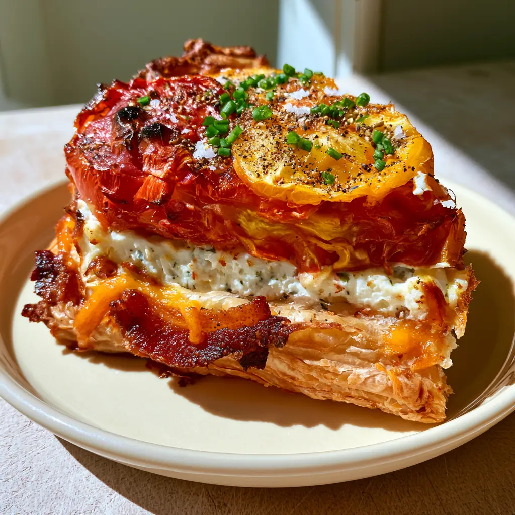 Close up of a bacon onion tomato pie slice showing layers of caramelized onions, herbed cheese, and charred heirloom tomatoes.