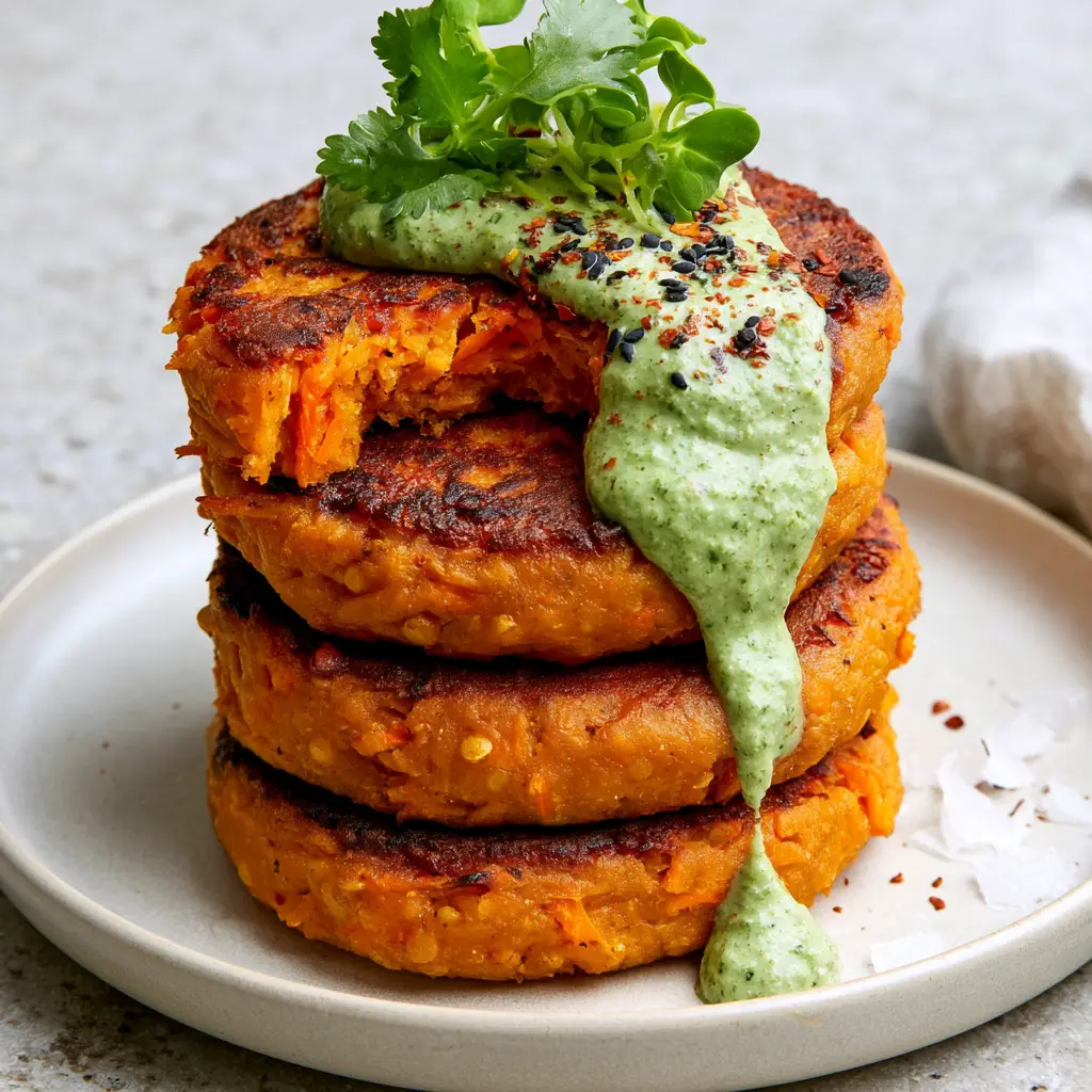 Macro shot of Sweet Potato & Red Lentil Patties showing texture, shredded sweet potato, and visible whole lentils with jagged pan-seared edges.