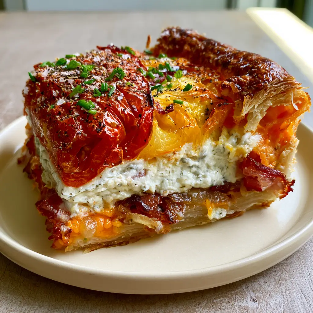 High angle shot of a bacon onion tomato pie with yellow and red heirloom tomatoes and fresh chives.