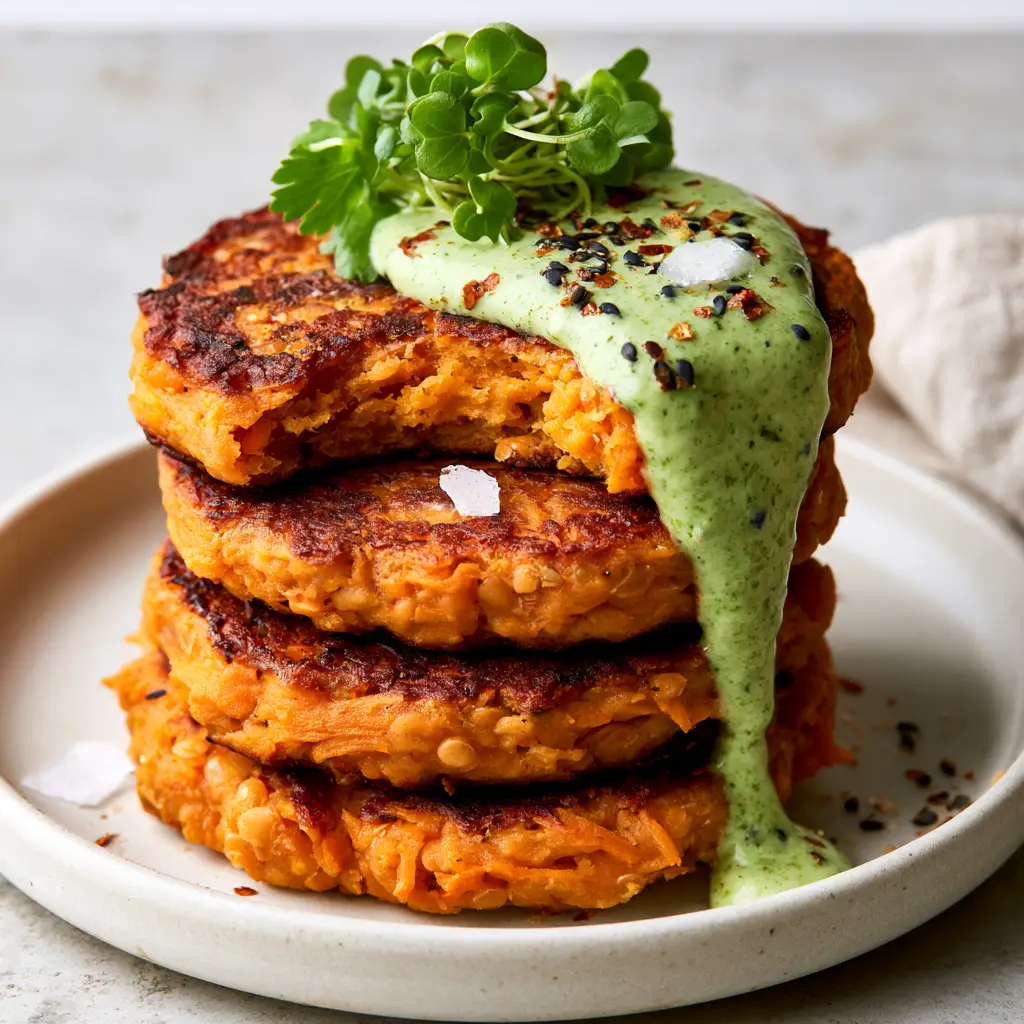 Sweet Potato & Red Lentil Patties with Green Herb Tahini 1 Three golden-brown Sweet Potato & Red Lentil Patties stacked on a ceramic plate with green herb sauce dripping down the sides.