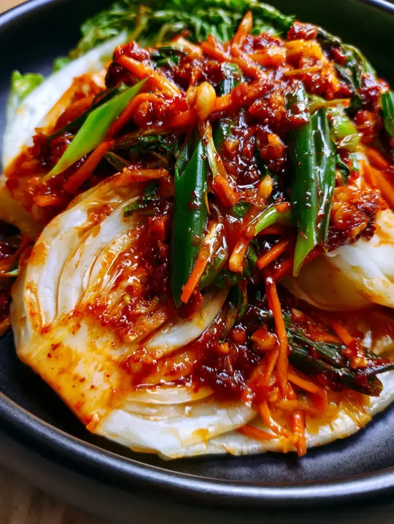 vegan kimchi: The Ultimate Guide to Vibrant, Probiotic-Rich Fermented Cabbage 1 A thick, glossy crimson gochugaru sauce mixed with julienned carrots and green scallion batons.
