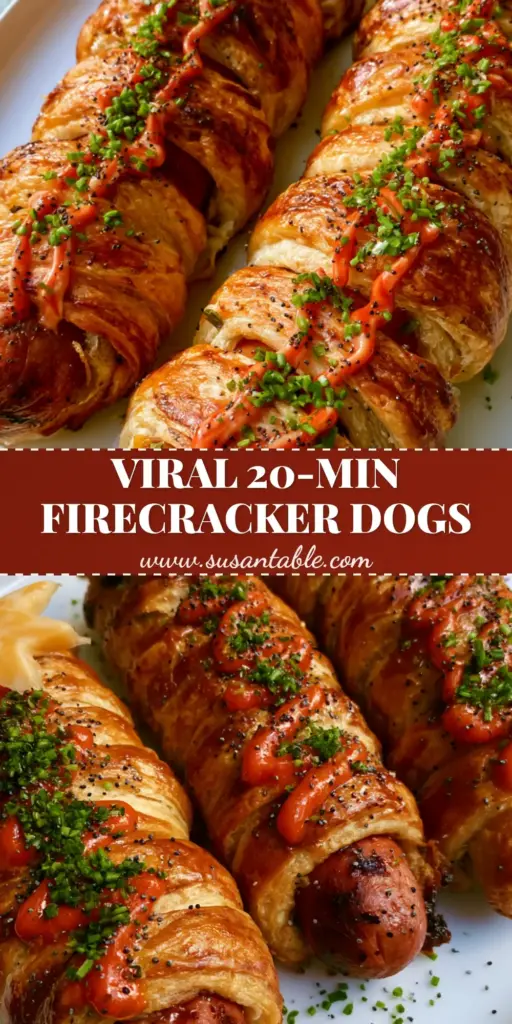 Firecracker Hot Dogs Recipe: The Ultimate Festive Summer BBQ Showstopper 4 Three Firecracker Hot Dogs on a white platter featuring golden crescent dough spirals, sharp white cheddar cheese stars, and a sriracha mayo drizzle. (Firecracker Hot Dogs Recipe)