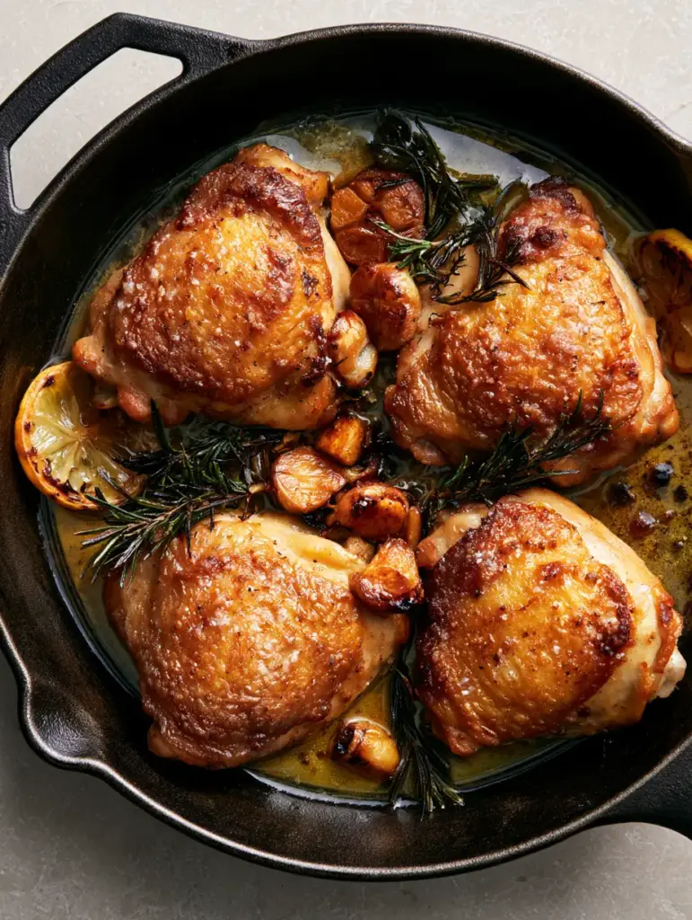 Chicken Thighs with Shatter-Crisp Skin, Rosemary, and Caramelized Garlic 2 Close-up of honeycomb-gold chicken thighs with visible salt flakes and fried rosemary in a black skillet.