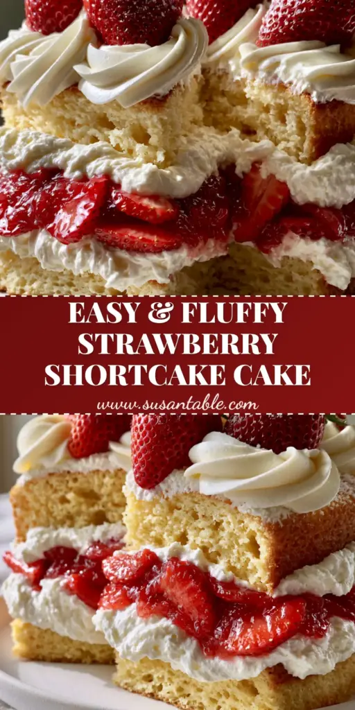 A tall multi-layered Strawberry Shortcake Cake with visible layers of whipped cream and glistening macerated strawberries, topped with whole fruit and powdered sugar. (Strawberry Shortcake Cake)