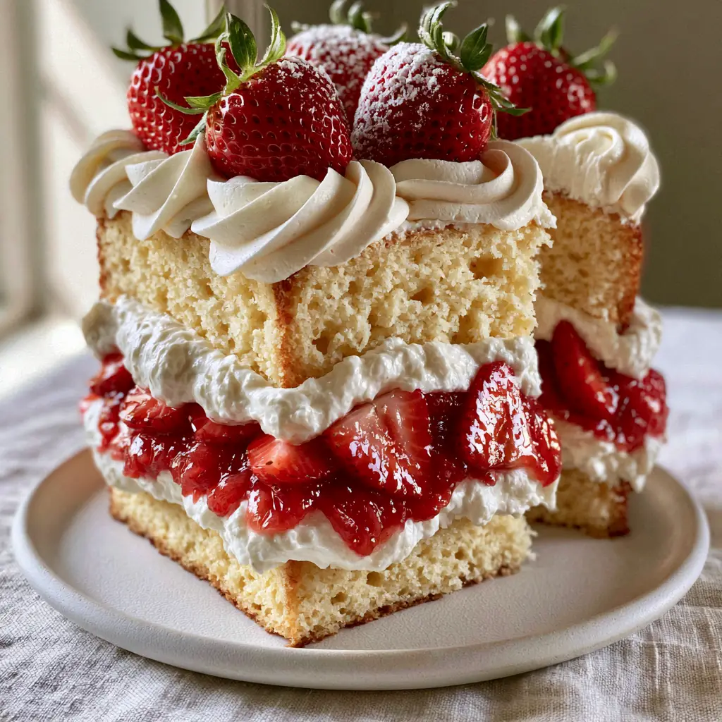 A close-up of a slice removed from a Strawberry Shortcake Cake, displaying the juicy macerated strawberries inside.