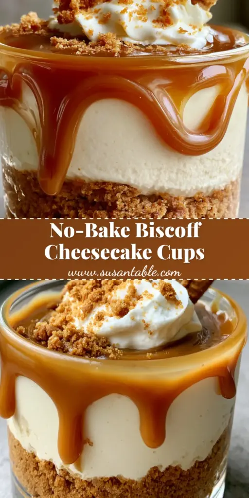 A vertical Pinterest-optimized shot of a cookie butter cheesecake cup with a thick biscuit base and amber drip. (cookie butter cheesecake cups)