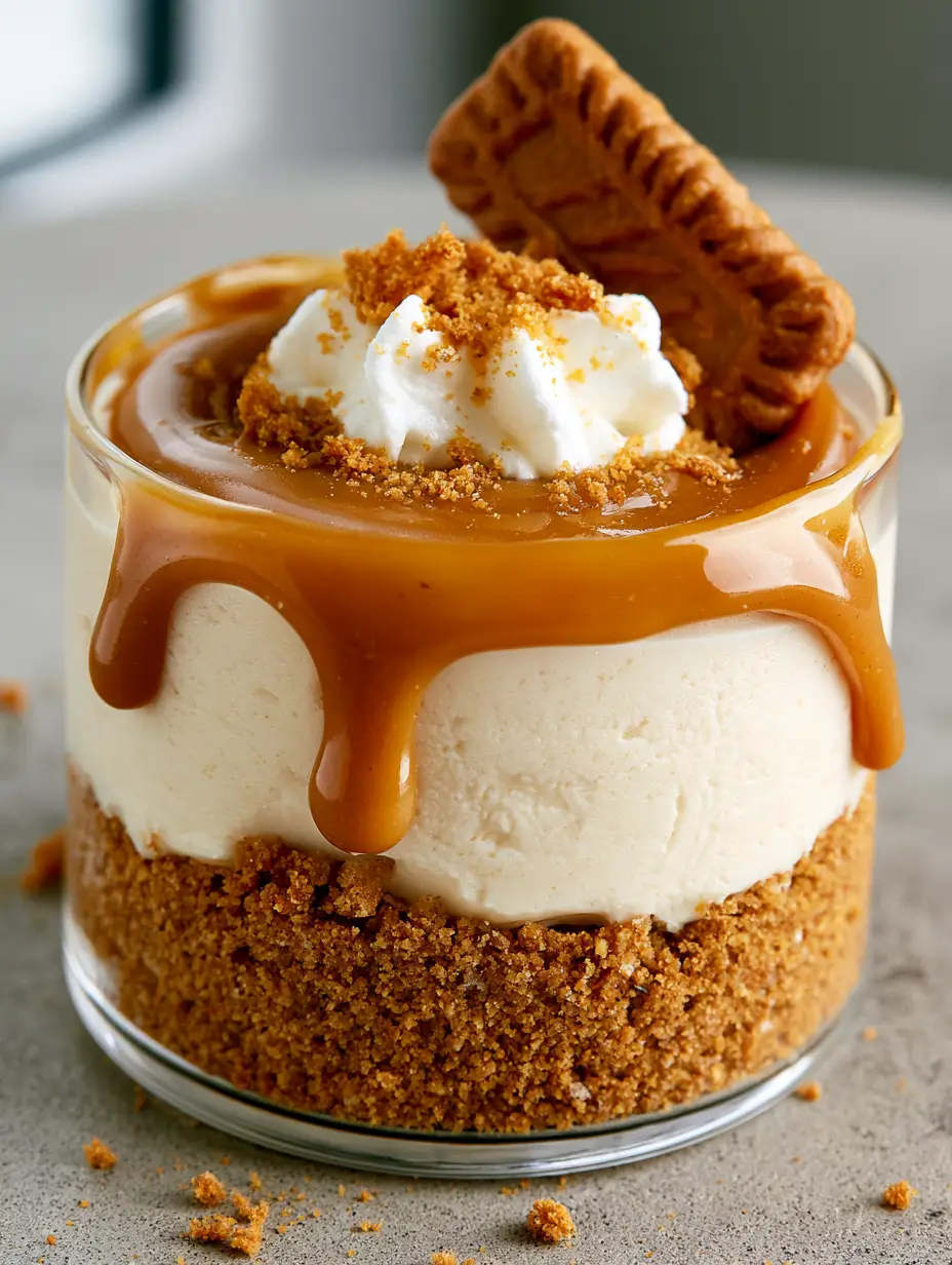 Close-up handheld smartphone photo of a single elegant glass dessert cup filled with cookie butter cheesecake. (cookie butter cheesecake cups)
