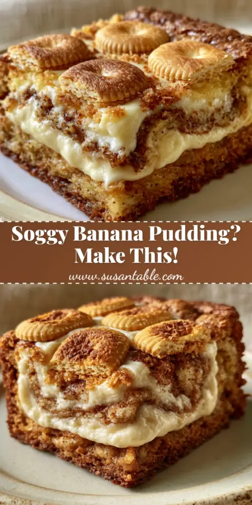 banana pudding brownies: The Ultimate Chewy & Velvety Dessert Bars 4 A close-up shot of banana pudding brownies featuring a chewy banana base, cream cheese swirl, and toasted Nilla wafers on top.