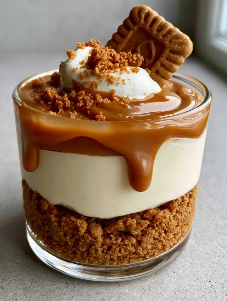 A side view showing the layers of compacted crumbs and smooth cream cheese filling in the cookie butter cheesecake cups.