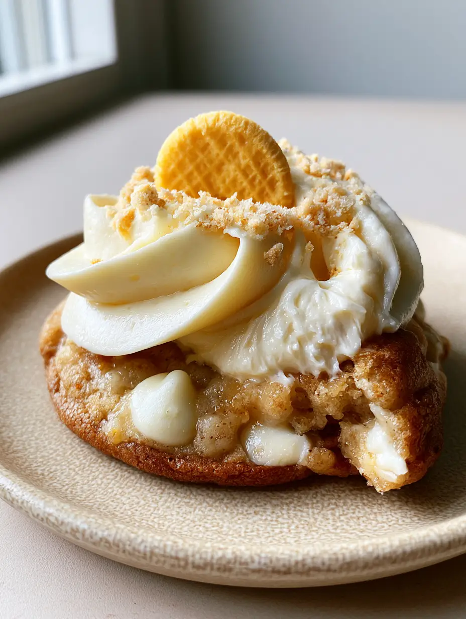 A thick bakery-style banana pudding cookie split in half showcasing a chewy and gooey interior crumb with white chocolate chips. (Banana Pudding Cookies)