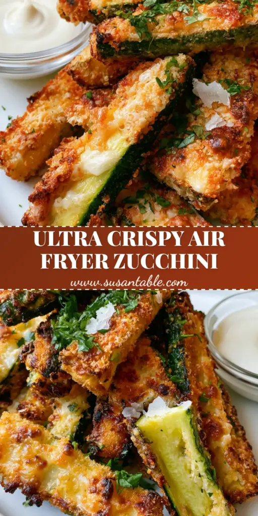 Air Fryer Zucchini Fries with Ultra-Crispy Parmesan Crust 3 A heap of ultra-crispy Air Fryer Zucchini fries on a white plate with a side of garlic aioli and fresh parsley garnish.