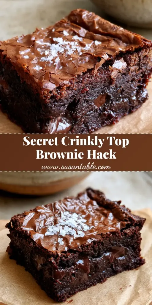 A close-up vertical shot of ultra-fudgy brownies with a shiny crinkled crust and flaky sea salt. (brownies)