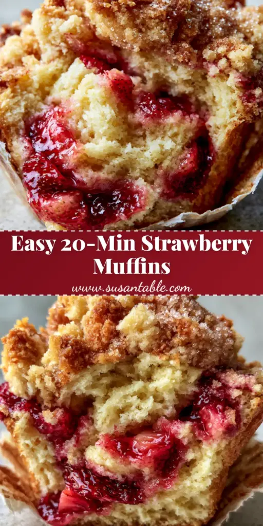 Strawberry Shortcake Muffins with Crispy Butter Streusel 4 Close-up of a Strawberry Shortcake Muffin broken open to show steaming jammy strawberry pockets and a crispy streusel topping.