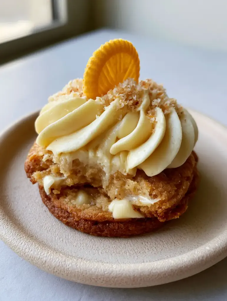 Top down view of Banana Pudding Cookies featuring voluptuous pale-yellow frosting swirls and whole golden Nilla wafers.