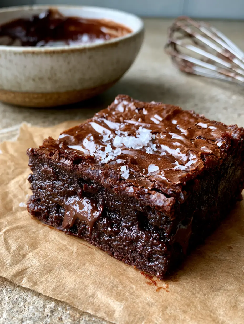 Eye-level close-up of a brownie slice on parchment paper showing molten chocolate pockets. (brownies)