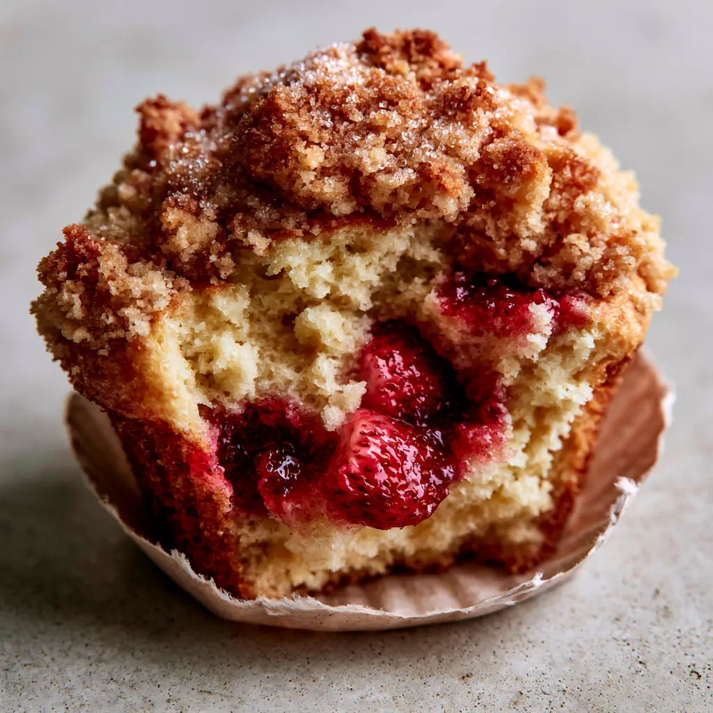 A single bakery-style Strawberry Shortcake Muffin in a rustic torn paper liner featuring thick golden-brown streusel and sparkling sugar.