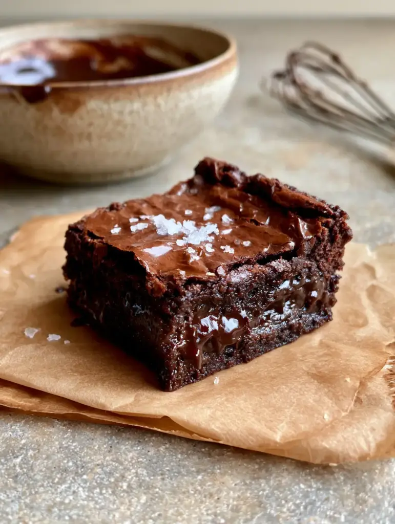 A fresh batch of brownies in a pan with a fractured chocolate crust and sea salt garnish.