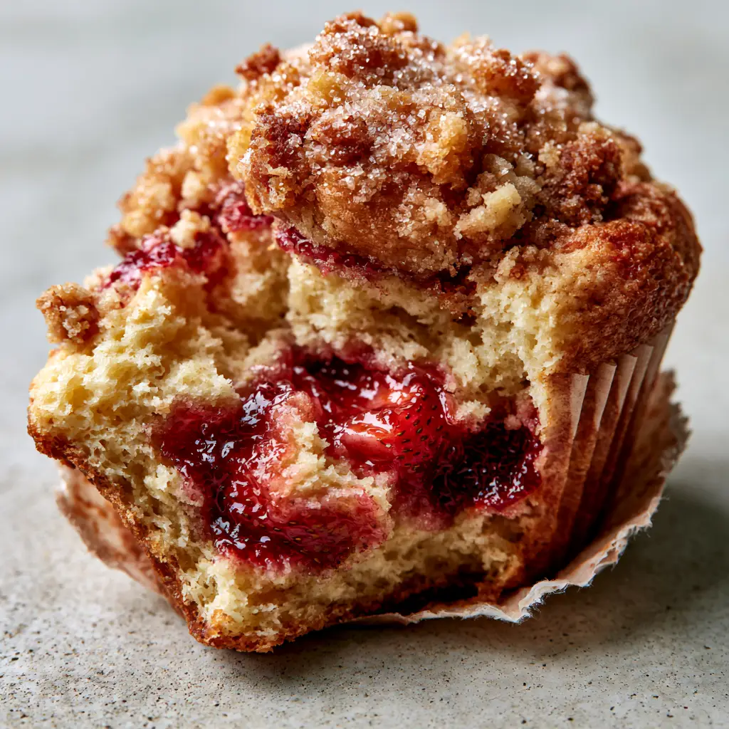 Strawberry Shortcake Muffins with Crispy Butter Streusel 1 Inside view of a Strawberry Shortcake Muffin showing the ultra-fluffy golden crumb and jammy red strawberry pockets.