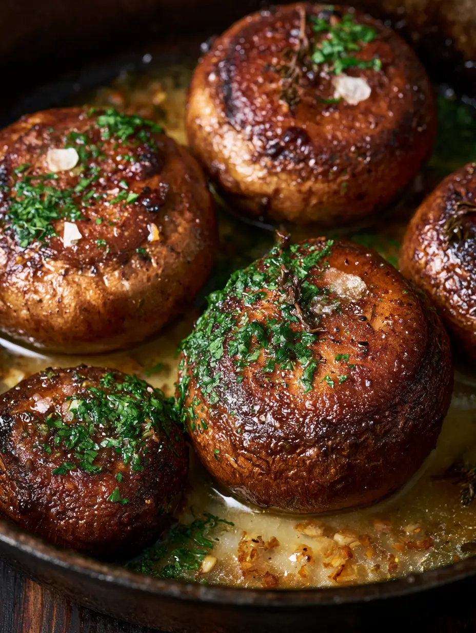 Extreme macro of caramelized cremini mushrooms with thyme sprigs and sea salt. (mushroom recipes)