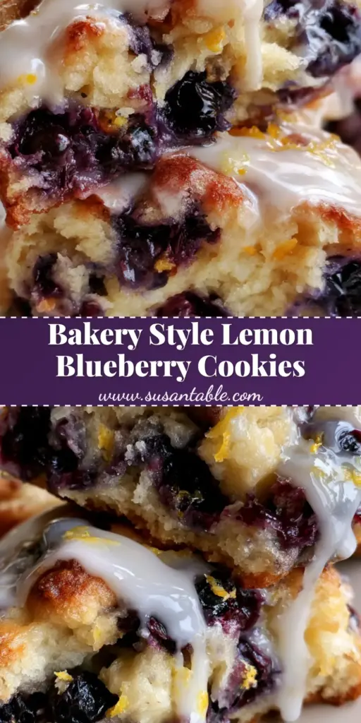 A close-up shot of thick and chewy lemon blueberry cookies with a glossy glaze drizzle on a ceramic plate. (lemon blueberry cookies)