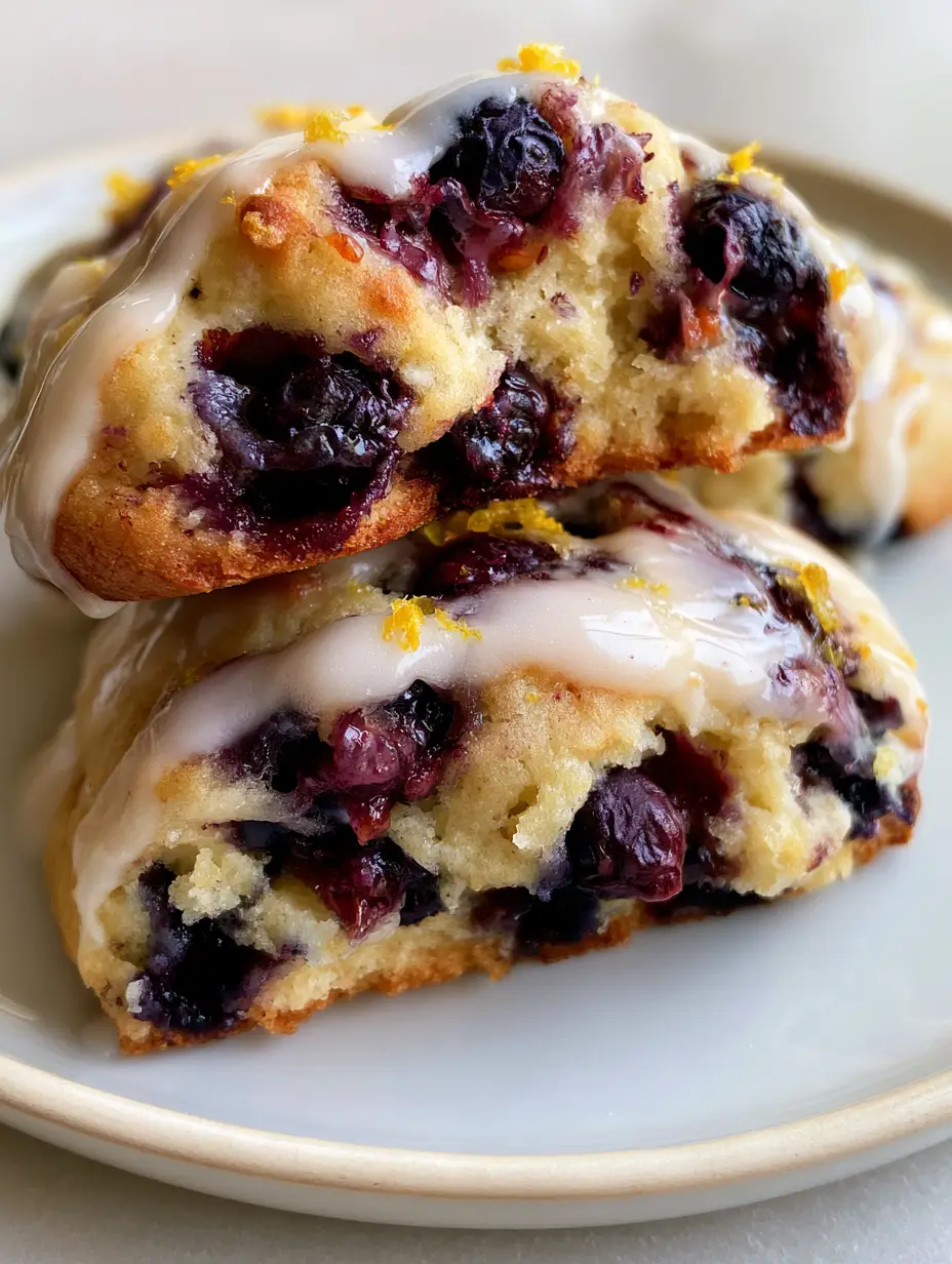 A handheld smartphone photo of a lemon blueberry cookie broken in half showing bursting berries and yellow zest. (lemon blueberry cookies)